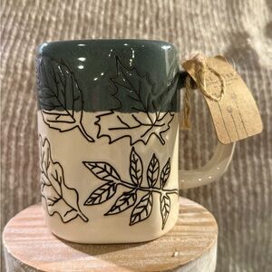 Rae Dunn Dark Green and Cream Leaf Mug